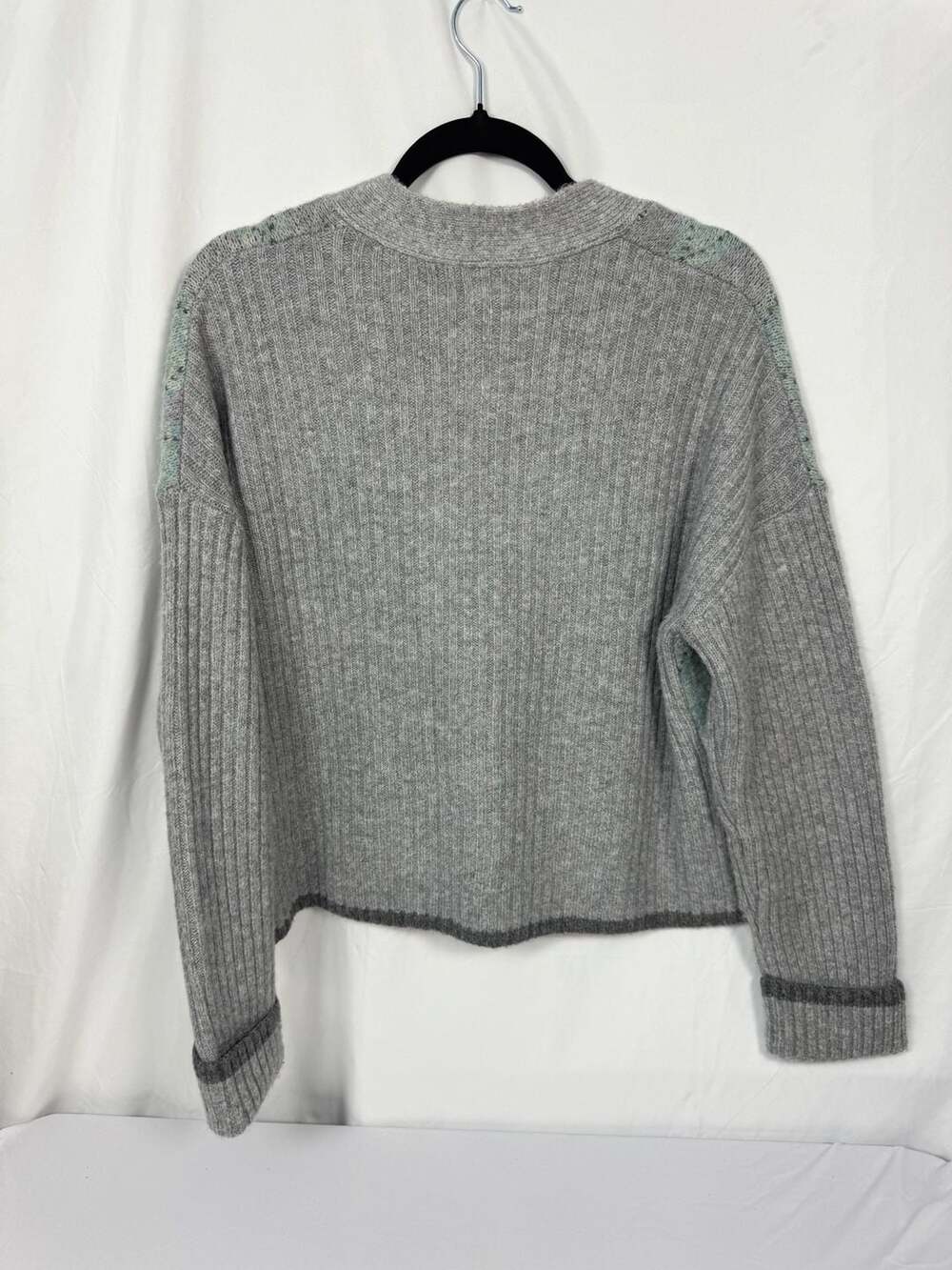 Rachel Zoe Argyle V-Neck Ribbed Knit Cardigan Sweater in Grey and Seafoam Green - Picture 3 of 6